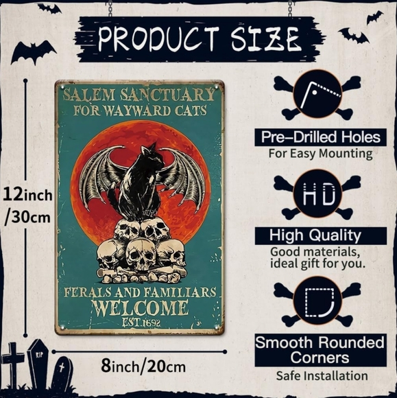 NWT SALEM Sanctuary for Wayward Cats 8x12 Tin Halloween Decor Sign - Picture 3 of 6